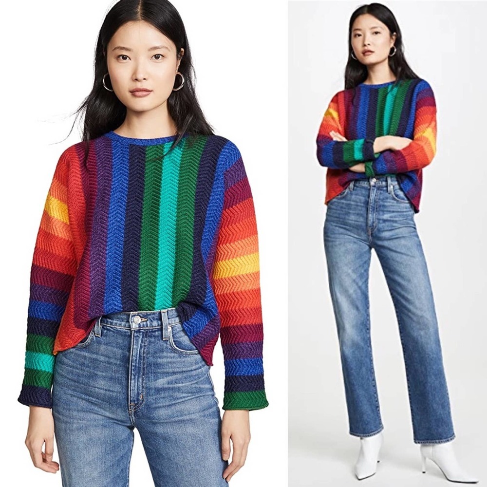 Alice + Olivia Dessie Racked Rib Mock Neck Wool Pullover Sweater Rainbow Size XS